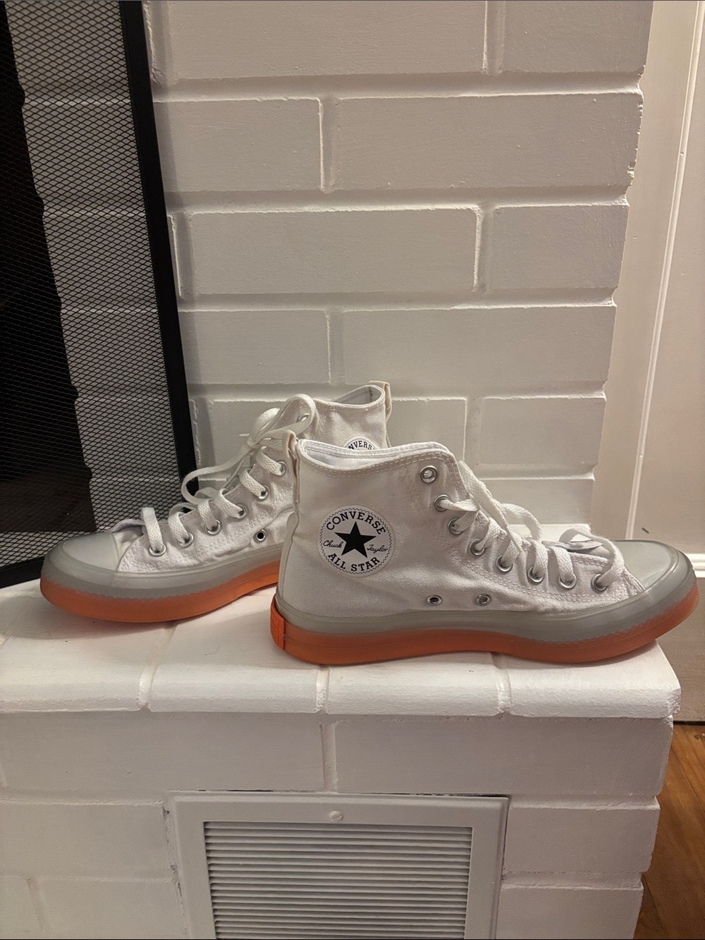 Converse Women’s White High-Top Sneakers with Orange Sole - Picture 2 of 3